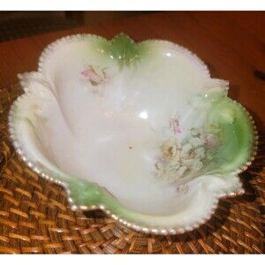 Antique RS Prussia Porcelain Footed Bowl Scalloped Edge Gardenia Gold Rim drops,